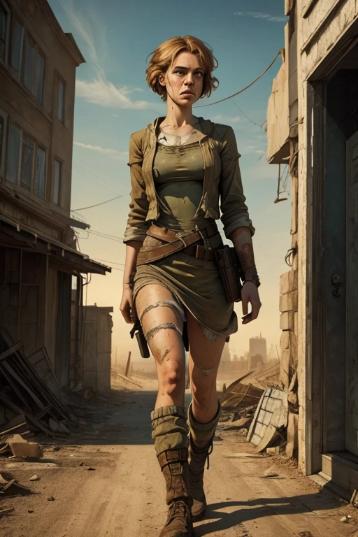  higher quality , lost in a post-apocalyptic world lost ,  full body view, ********,  beautiful Danish girl with light eyebrows, Lean body, sad, tired,  crying, 8k