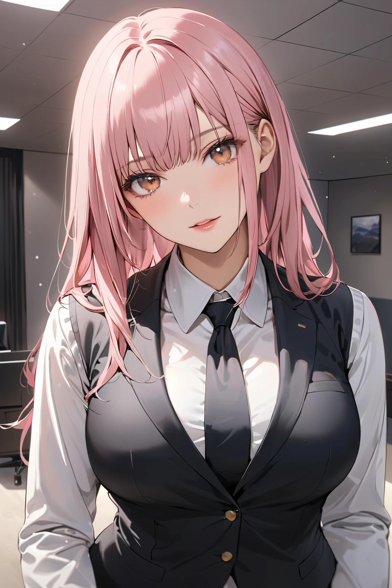 1 Girl, 19 years old, Long pink hair, Green eyes with elongated pupils, masterpiece, Highest quality, (stand up), (White shirt), (Long sleeve white front tie crop top, Black trousers, Red nails, Cleavage), (big , Super huge , 超超big, Glamorous Body), Make eye contact with the camera, Front Figure, I'm looking forward to, (Light_smile:1.5), (Detailed hands and fingers:1.2) (Cyberpunk City), (Full Body Shot), Thighs Thighs Thighs Thighs、Beautiful feet、barefoot