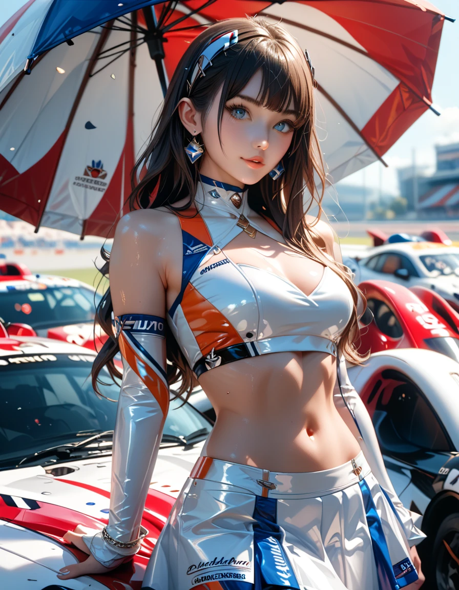 masterpiece,amazing quality,best quality,ultra-detailed,8K,illustration,CG,shiny hair,clear skin,ultra-detailed-eyes,ultra-detailed-background,cute girl, eyelashes race queen, skirt, midriff, crop top, umbrella
