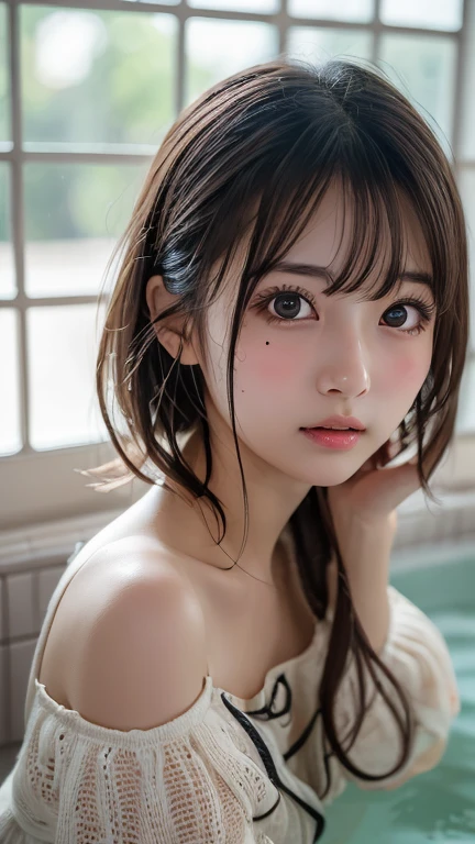 best qualtiy、masuter piece、超A high resolution、Photorealsitic、 Japan baby face、glowy perrealistic detailed))、8K、a large bust、High-precision details、Realistic light、radiant eyes、((small areolas))、((an ultra-Small Face))、((pubick hair、No shorts))、(鎖骨:1.3)、(​masterpiece:1.4)、(Perfect breasts of natural shape:1.25)、shiny lip、Closed lips、(SFW)、（One nipple on one breast）、Slender body type、Thin leg