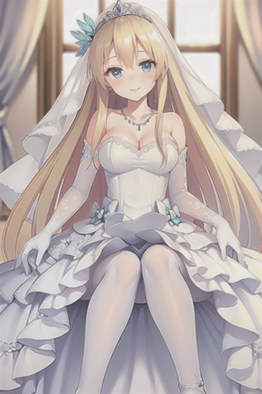 Saratoga \(warship girls r\),(((Best quality))),((Ultra-detailed)),((illustration)),((frilld)),(1 girl),(Solo),
1girl,sitting on a throne,crossed legs,evil smile,evil grin,frilled dress,bow,white pantyhose,toes,indoors,looking at viewer,view from below,feet focus,[refraction|caustics|rim lights|backlighting|bloom],full shot,rating:safe,long hair,wedding,bare_shoulders,breasts,bridal_gauntlets,bridal_veil,cleavage,clothing,crown,dress,drop_earrings,earrings,elbow_gloves,female,female_only,gloves,headdress,headwear,jewelry,layered_dress,looking_at_viewer,necklace,skirt_hold,smile,sitting,strapless,strapless_dress,tiara,veil,white_dress,white_footwear,white_gloves,wedding_dress,long_dress,clapping,long hair,blonde hair,Blue eyes,