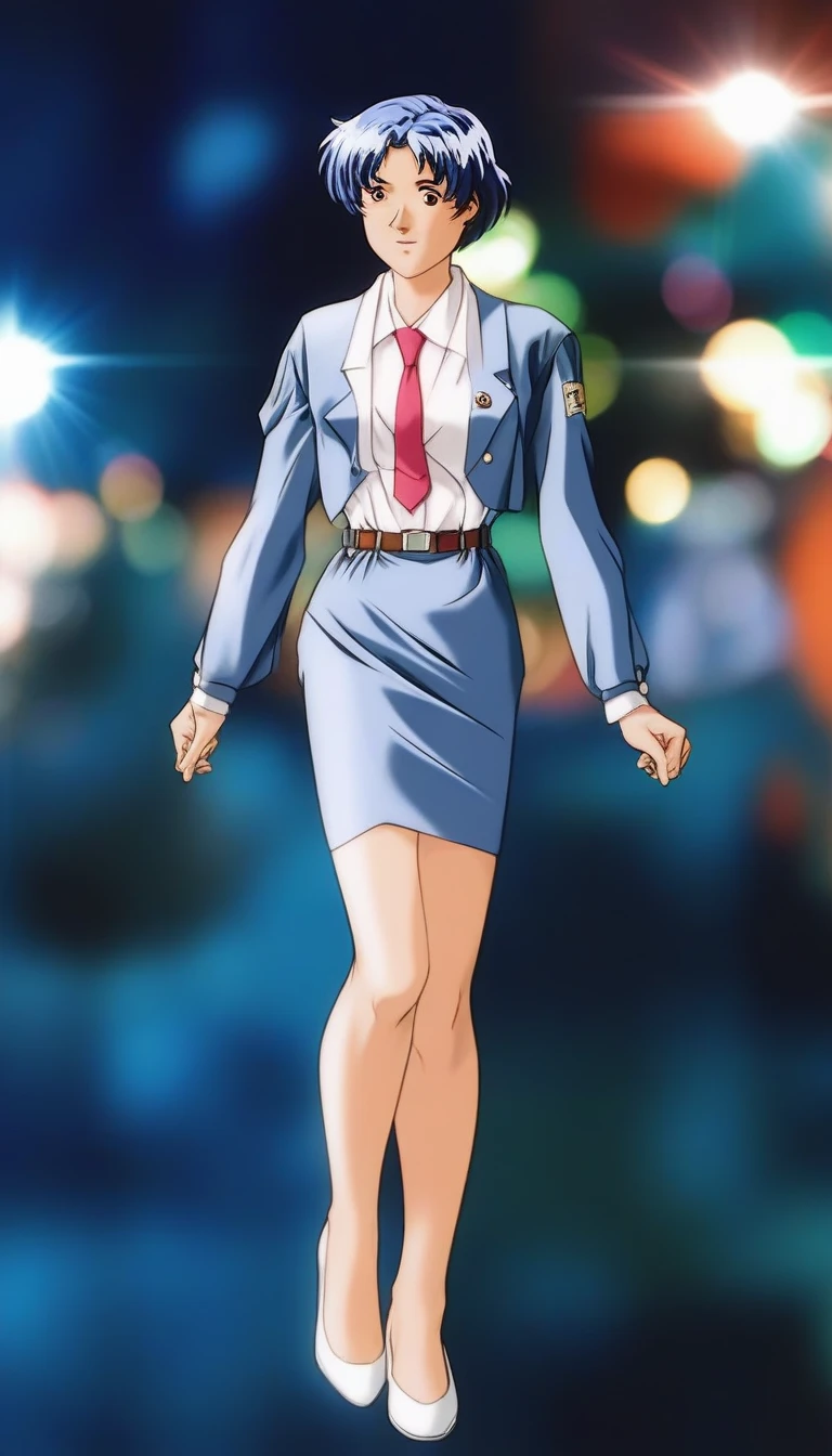 Shiraishi Momoko 、Blue Hair、 short haired 、黄colorの瞳、 full body style that reflects your whole body、Normal milk、 narrow waist 、Bare legs、 in a suit、 blue jacket , collared shirt 、 white shirt、 blue tie,belt, blue mini pencil skirt, black tights、White pumps、 official art, Extremely Detailed CG Unity 8K Wallpaper , Full Photo, colorful , bright _ Front_face_光ing,  shiny skin, ( masterpiece:1.0),(Highest_quality:1.0), 超 high definition ,4K, super detailed,  photoshoot, 8k,  high definition ,  high definition ,  absurd :1.2,  Kodak Portra 400,  Film Grain ,  blurry background, Bokeh:1.2,  lens flare,( vibrant_ color:1.2),Professional photography,Anime Images、