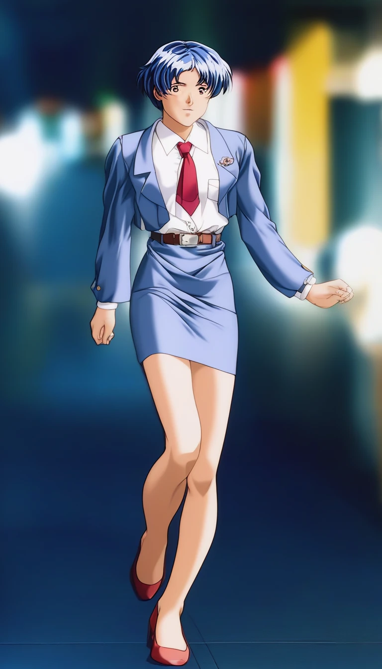 Shiraishi Momoko 、Blue Hair、 short haired 、黄colorの瞳、 full body style that reflects your whole body、Normal milk、 narrow waist 、Bare legs、 in a suit、 blue jacket , collared shirt 、 white shirt、 blue tie,belt, blue mini pencil skirt, black tights、White pumps、 official art, Extremely Detailed CG Unity 8K Wallpaper , Full Photo, colorful , bright _ Front_face_光ing,  shiny skin, ( masterpiece:1.0),(Highest_quality:1.0), 超 high definition ,4K, super detailed,  photoshoot, 8k,  high definition ,  high definition ,  absurd :1.2,  Kodak Portra 400,  Film Grain ,  blurry background, Bokeh:1.2,  lens flare,( vibrant_ color:1.2),Professional photography,Anime Images、