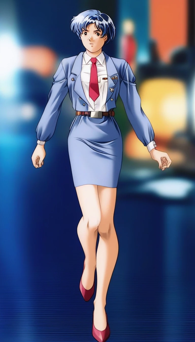 Shiraishi Momoko 、Blue Hair、 short haired 、黄colorの瞳、 full body style that reflects your whole body、Normal milk、 narrow waist 、Bare legs、 in a suit、 blue jacket , collared shirt 、 white shirt、 blue tie,belt, blue mini pencil skirt, black tights、White pumps、 official art, Extremely Detailed CG Unity 8K Wallpaper , Full Photo, colorful , bright _ Front_face_光ing,  shiny skin, ( masterpiece:1.0),(Highest_quality:1.0), 超 high definition ,4K, super detailed,  photoshoot, 8k,  high definition ,  high definition ,  absurd :1.2,  Kodak Portra 400,  Film Grain ,  blurry background, Bokeh:1.2,  lens flare,( vibrant_ color:1.2),Professional photography,Anime Images、