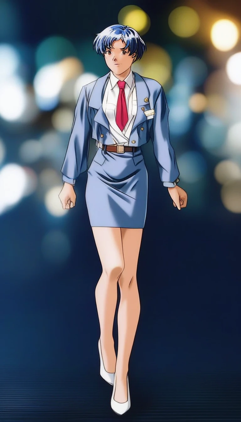 Shiraishi Momoko 、Blue Hair、 short haired 、黄colorの瞳、 full body style that reflects your whole body、Normal milk、 narrow waist 、Bare legs、 in a suit、 blue jacket , collared shirt 、 white shirt、 blue tie,belt, blue mini pencil skirt, black tights、White pumps、 official art, Extremely Detailed CG Unity 8K Wallpaper , Full Photo, colorful , bright _ Front_face_光ing,  shiny skin, ( masterpiece:1.0),(Highest_quality:1.0), 超 high definition ,4K, super detailed,  photoshoot, 8k,  high definition ,  high definition ,  absurd :1.2,  Kodak Portra 400,  Film Grain ,  blurry background, Bokeh:1.2,  lens flare,( vibrant_ color:1.2),Professional photography,Anime Images、