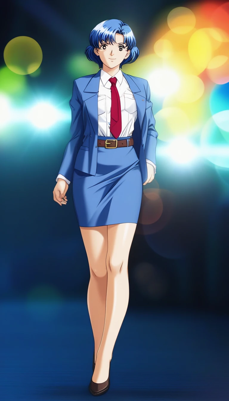 Shiraishi Momoko 、Blue Hair、 short haired 、黄colorの瞳、 full body style that reflects your whole body、Normal milk、 narrow waist 、Bare legs、 in a suit、 blue jacket , collared shirt 、 white shirt、 blue tie,belt, blue mini pencil skirt, black tights、White pumps、 official art, Extremely Detailed CG Unity 8K Wallpaper , Full Photo, colorful , bright _ Front_face_光ing,  shiny skin, ( masterpiece:1.0),(Highest_quality:1.0), 超 high definition ,4K, super detailed,  photoshoot, 8k,  high definition ,  high definition ,  absurd :1.2,  Kodak Portra 400,  Film Grain ,  blurry background, Bokeh:1.2,  lens flare,( vibrant_ color:1.2),Professional photography,Anime Images、