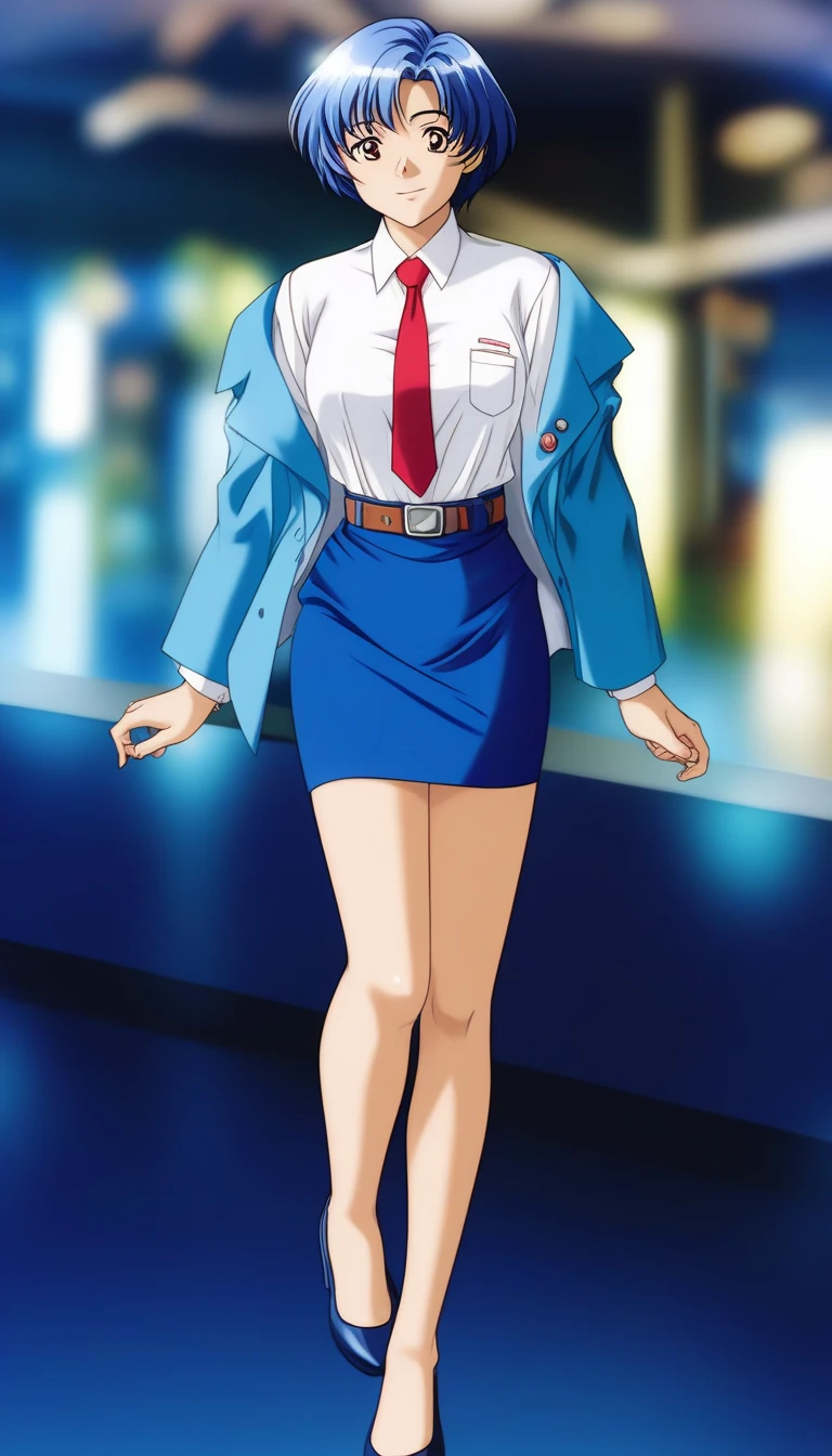 Shiraishi Momoko 、Blue Hair、 short haired 、黄colorの瞳、 full body style that reflects your whole body、Normal milk、 narrow waist 、Bare legs、 in a suit、 blue jacket , collared shirt 、 white shirt、 blue tie,belt, blue mini pencil skirt, black tights、White pumps、 official art, Extremely Detailed CG Unity 8K Wallpaper , Full Photo, colorful , bright _ Front_face_光ing,  shiny skin, ( masterpiece:1.0),(Highest_quality:1.0), 超 high definition ,4K, super detailed,  photoshoot, 8k,  high definition ,  high definition ,  absurd :1.2,  Kodak Portra 400,  Film Grain ,  blurry background, Bokeh:1.2,  lens flare,( vibrant_ color:1.2),Professional photography,Anime Images、