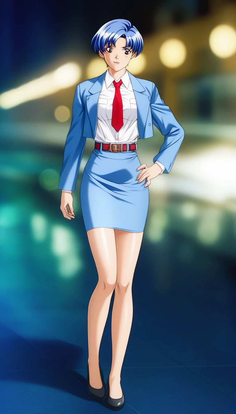 Shiraishi Momoko 、Blue Hair、 short haired 、黄colorの瞳、 full body style that reflects your whole body、Normal milk、 narrow waist 、Bare legs、 in a suit、 blue jacket , collared shirt 、 white shirt、 blue tie,belt, blue mini pencil skirt, black tights、White pumps、 official art, Extremely Detailed CG Unity 8K Wallpaper , Full Photo, colorful , bright _ Front_face_光ing,  shiny skin, ( masterpiece:1.0),(Highest_quality:1.0), 超 high definition ,4K, super detailed,  photoshoot, 8k,  high definition ,  high definition ,  absurd :1.2,  Kodak Portra 400,  Film Grain ,  blurry background, Bokeh:1.2,  lens flare,( vibrant_ color:1.2),Professional photography,Anime Images、