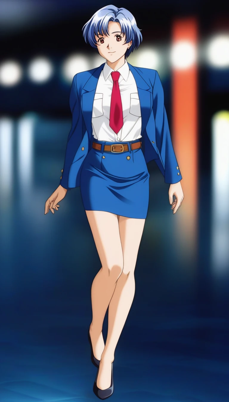 Shiraishi Momoko 、Blue Hair、 short haired 、黄colorの瞳、 full body style that reflects your whole body、Normal milk、 narrow waist 、Bare legs、 in a suit、 blue jacket , collared shirt 、 white shirt、 blue tie,belt, blue mini pencil skirt, black tights、White pumps、 official art, Extremely Detailed CG Unity 8K Wallpaper , Full Photo, colorful , bright _ Front_face_光ing,  shiny skin, ( masterpiece:1.0),(Highest_quality:1.0), 超 high definition ,4K, super detailed,  photoshoot, 8k,  high definition ,  high definition ,  absurd :1.2,  Kodak Portra 400,  Film Grain ,  blurry background, Bokeh:1.2,  lens flare,( vibrant_ color:1.2),Professional photography,Anime Images、