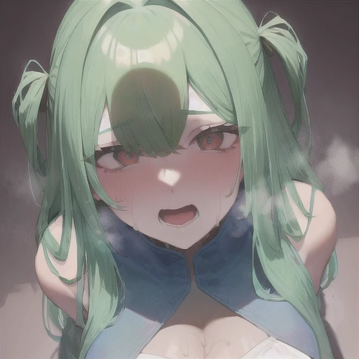 ( Penis Shadow :1.5),  Penis Shadow  on top of , 1 woman, cleavage cutout, Kneel down, 음경을 보고 있는,  big penis,  heart-shaped eyes looking at the penis ,  with her eyes wide open ,  STEAMING BODY , sweat, excited, green hair