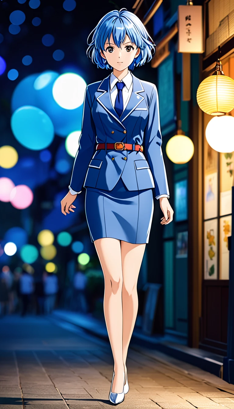 Shiraishi Momoko 、Blue Hair、 short haired 、黄colorの瞳、 full body style that reflects your whole body、Normal milk、 narrow waist 、Bare legs、 in a suit、 blue jacket , collared shirt 、 white shirt、 blue tie,belt, blue mini pencil skirt, black tights、White pumps、 official art, Extremely Detailed CG Unity 8K Wallpaper , Full Photo, colorful , bright _ Front_face_光ing,  shiny skin, ( masterpiece:1.0),(Highest_quality:1.0), 超 high definition ,4K, super detailed,  photoshoot, 8k,  high definition ,  high definition ,  absurd :1.2,  Kodak Portra 400,  Film Grain ,  blurry background, Bokeh:1.2,  lens flare,( vibrant_ color:1.2),Professional photography,Anime Images、