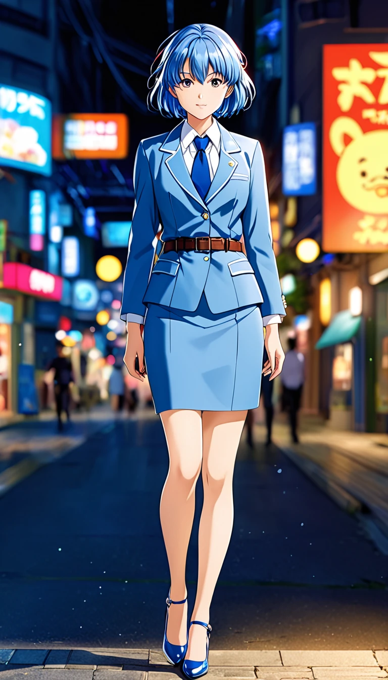 Shiraishi Momoko 、Blue Hair、 short haired 、黄colorの瞳、 full body style that reflects your whole body、Normal milk、 narrow waist 、Bare legs、 in a suit、 blue jacket , collared shirt 、 white shirt、 blue tie,belt, blue mini pencil skirt, black tights、White pumps、 official art, Extremely Detailed CG Unity 8K Wallpaper , Full Photo, colorful , bright _ Front_face_光ing,  shiny skin, ( masterpiece:1.0),(Highest_quality:1.0), 超 high definition ,4K, super detailed,  photoshoot, 8k,  high definition ,  high definition ,  absurd :1.2,  Kodak Portra 400,  Film Grain ,  blurry background, Bokeh:1.2,  lens flare,( vibrant_ color:1.2),Professional photography,Anime Images、