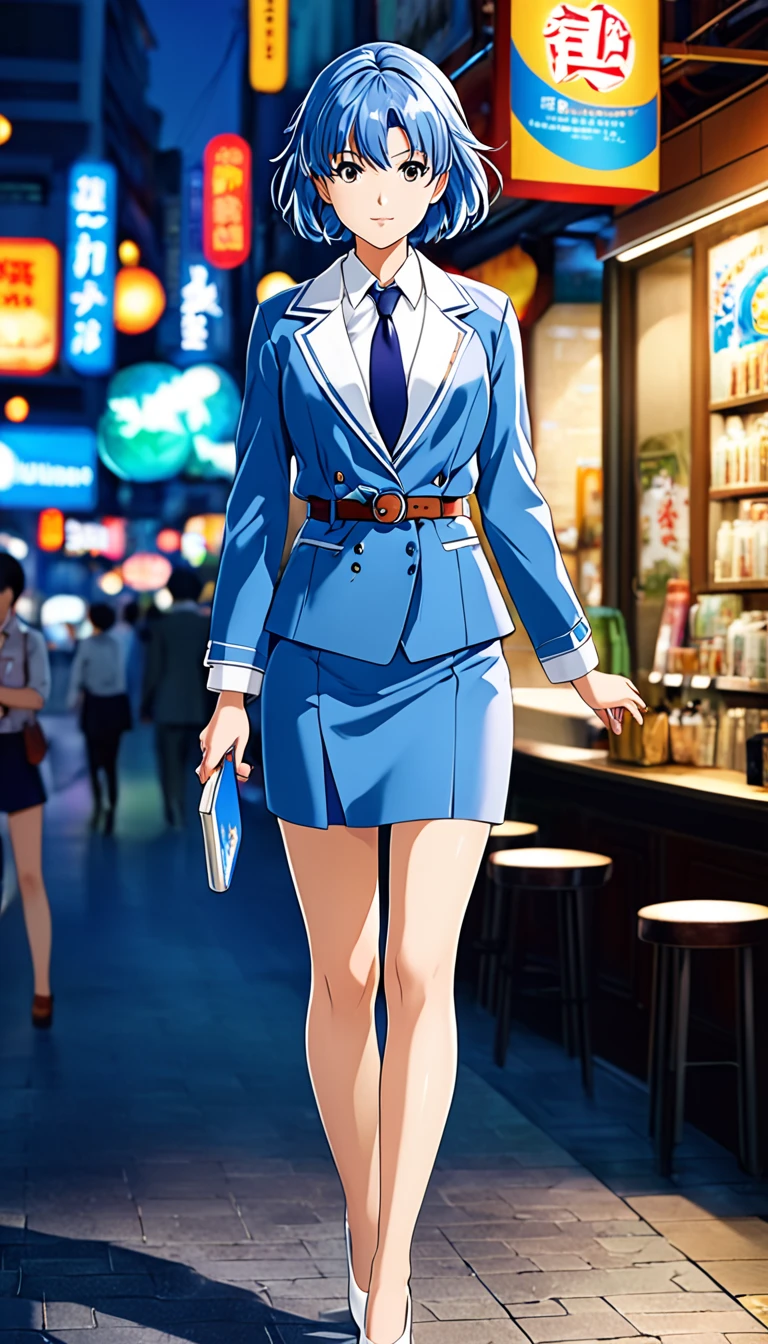 Shiraishi Momoko 、Blue Hair、 short haired 、黄colorの瞳、 full body style that reflects your whole body、Normal milk、 narrow waist 、Bare legs、 in a suit、 blue jacket , collared shirt 、 white shirt、 blue tie,belt, blue mini pencil skirt, black tights、White pumps、 official art, Extremely Detailed CG Unity 8K Wallpaper , Full Photo, colorful , bright _ Front_face_光ing,  shiny skin, ( masterpiece:1.0),(Highest_quality:1.0), 超 high definition ,4K, super detailed,  photoshoot, 8k,  high definition ,  high definition ,  absurd :1.2,  Kodak Portra 400,  Film Grain ,  blurry background, Bokeh:1.2,  lens flare,( vibrant_ color:1.2),Professional photography,Anime Images、