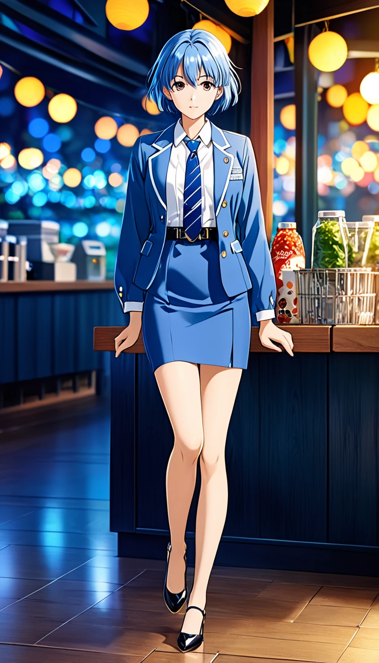 Shiraishi Momoko 、Blue Hair、 short haired 、黄colorの瞳、 full body style that reflects your whole body、Normal milk、 narrow waist 、Bare legs、 in a suit、 blue jacket , collared shirt 、 white shirt、 blue tie,belt, blue mini pencil skirt, black tights、White pumps、 official art, Extremely Detailed CG Unity 8K Wallpaper , Full Photo, colorful , bright _ Front_face_光ing,  shiny skin, ( masterpiece:1.0),(Highest_quality:1.0), 超 high definition ,4K, super detailed,  photoshoot, 8k,  high definition ,  high definition ,  absurd :1.2,  Kodak Portra 400,  Film Grain ,  blurry background, Bokeh:1.2,  lens flare,( vibrant_ color:1.2),Professional photography,Anime Images、