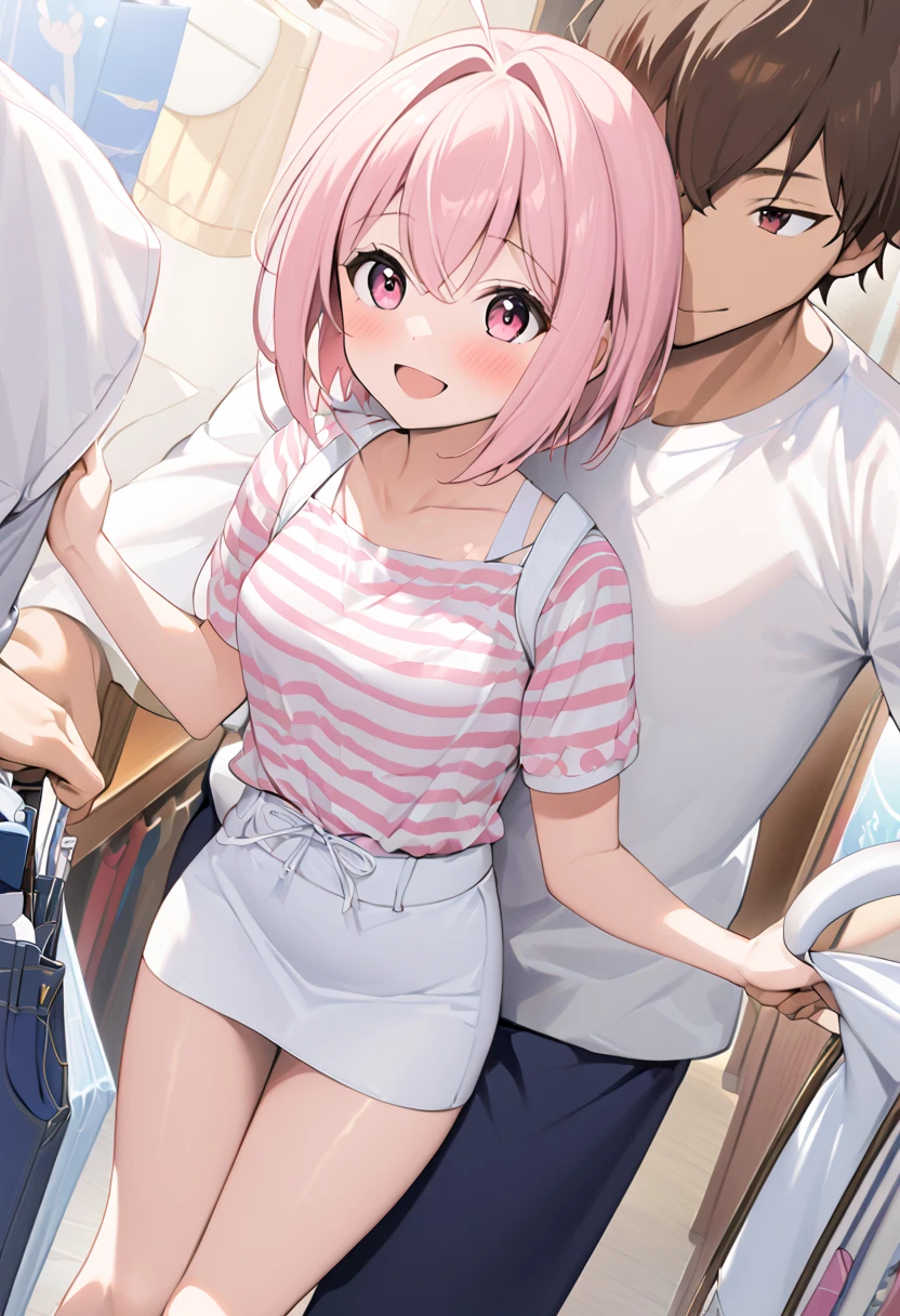  top quality、 anime painting、Round eyes 、 very young girl 、 very small breasts 、Long neck、Very thin body、Very slim legs、Glossy Light Pink Hair 、 、 short haired 、pink and white striped shirt 、 white miniskirt 、 I wear a white pouch over my shoulder、 apparel shop with clothes lined up、 1 middle-aged man、A man clings to a girl、excited man、Open your hands、smile、blush