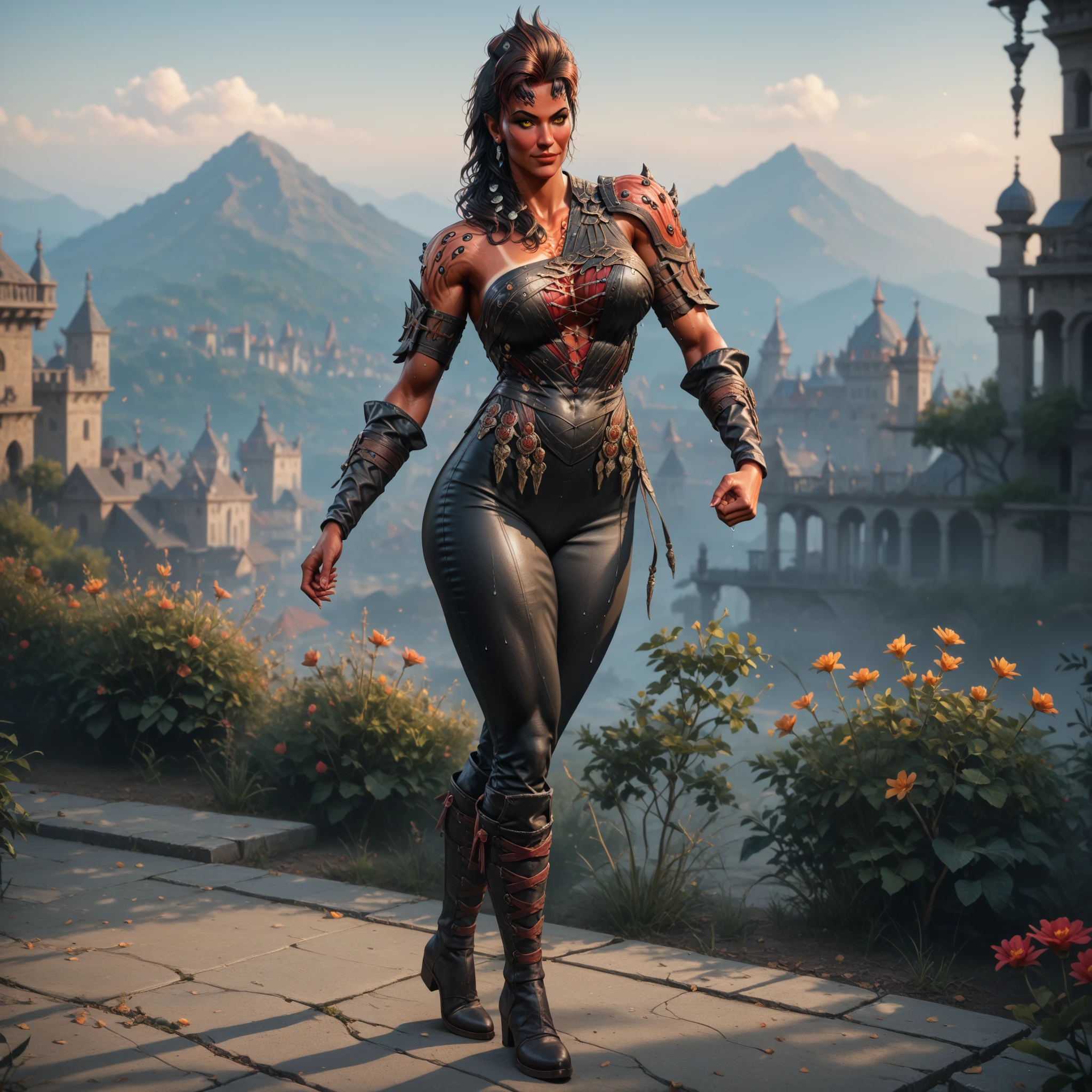 ((8k, masterpiece, very detailed)), full body image, full body photo, 22 year old woman, best quality, expressive eyes, perfect face, karlach\(baldurs gate 3\), Karlach, KarlachBG3, hot, sweating, sweaty, red skin, very tense, blushing, black hair, big breasts, curvy woman, yellow eyes, smiling, leather boots, big ass, athletic physique, tan lines, long hair, beautiful woman, clenched fists, ✊️, wearing fantasy armor, determined stance, sensual pose, legs crossed, hand on waist, (environmental details, clothing and accessories details, underworld and hellish environment, unconscious)