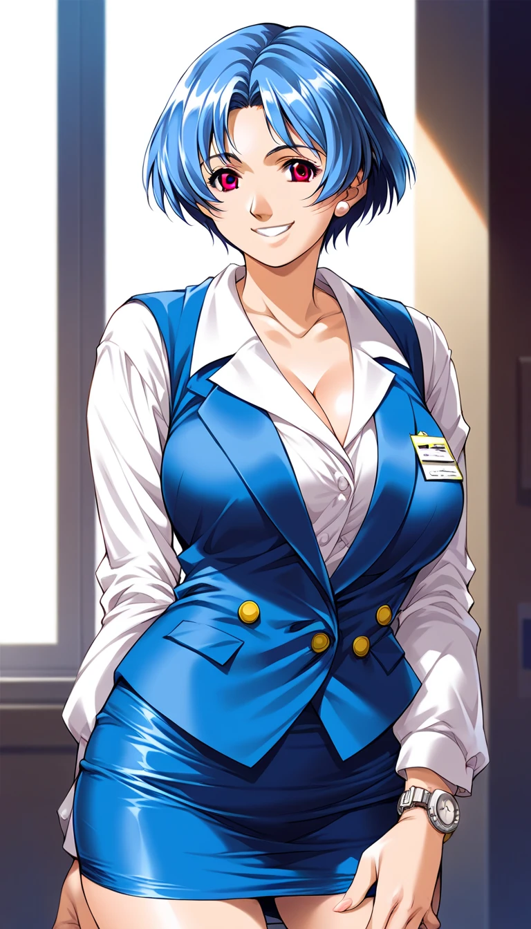  score_9,  score_8_up,  score_7_up,  source_Anime, evaluation_Explicit, Blake Shiraishimomoko, Blue Hair,  short haired ,  Big Breasts ,  Brown Eyes , Alone,
 skirt,  OL, smile, vest,  shirt, pencil  skirt, long sleeves
smile,
 Watch viewers, 
 Cowboy Shots,