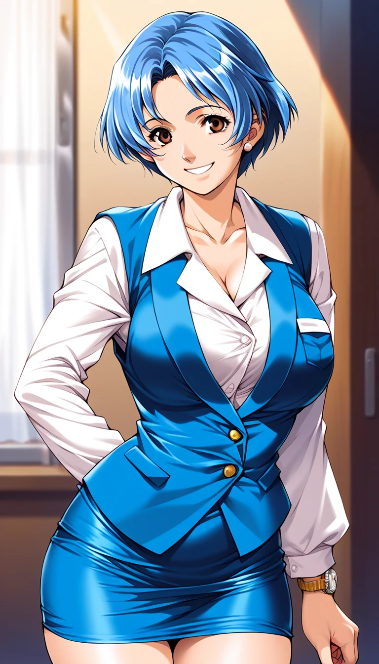  score_9,  score_8_up,  score_7_up,  source_Anime, evaluation_Explicit, Blake Shiraishimomoko, Blue Hair,  short haired ,  Big Breasts ,  Brown Eyes , Alone,
 skirt,  OL, smile, vest,  shirt, pencil  skirt, long sleeves
smile,
 Watch viewers, 
 Cowboy Shots,