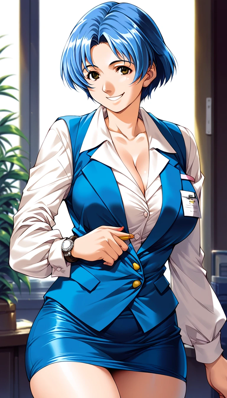  score_9,  score_8_up,  score_7_up,  source_Anime, evaluation_Explicit, Blake Shiraishimomoko, Blue Hair,  short haired ,  Big Breasts ,  Brown Eyes , Alone,
 skirt,  OL, smile, vest,  shirt, pencil  skirt, long sleeves
smile,
 Watch viewers, 
 Cowboy Shots,