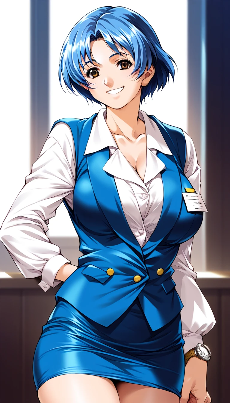  score_9,  score_8_up,  score_7_up,  source_Anime, evaluation_Explicit, Blake Shiraishimomoko, Blue Hair,  short haired ,  Big Breasts ,  Brown Eyes , Alone,
 skirt,  OL, smile, vest,  shirt, pencil  skirt, long sleeves
smile,
 Watch viewers, 
 Cowboy Shots,