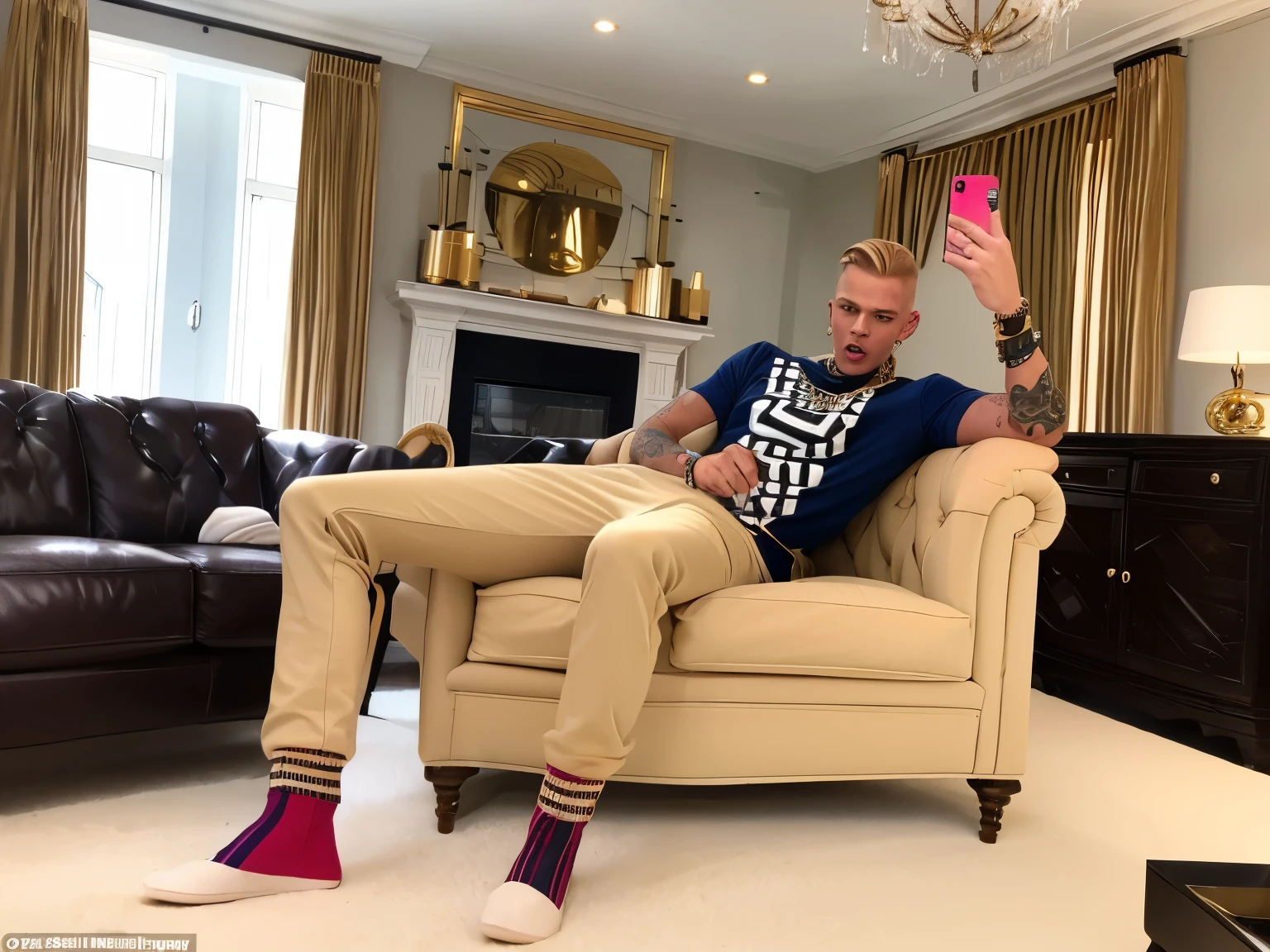 full view full body, 25 yo white tanned and bodybuilded blond with perfect haircut Ryan Gossling as Ken wearing light-pink fashion clothes, in pink socks, rings, jewelery, sunglasses, smiling, lying on armchair in his pink socks ,shoeless, showing off his pink socked feet, in luxurious palace suite in Miami, Florida, realistic photo