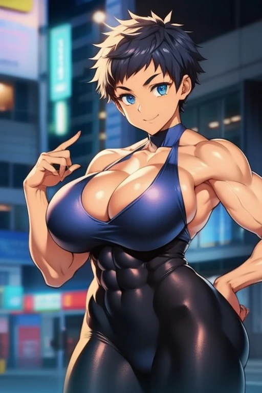  1 girl, Alone, In the town, Outdoor,  Watch viewers, suiko  \(One Punch Man\), skin, ( short haired :1.2),  dark skin woman, (cheerleader, black tights:1.2), (ntrgao:1.35) (A seductive smile:1.2), (Disproportionate bust, deep cleavage:1.5), (gigantic 胸:1.4),  Moles Under Her Mouth ,  black hair,  blue eyes, (whole body:1.23), break ( muscular woman , abs, slender body:1.46), (ultra sexy, beautiful famale), break 片足を上げて蹴り, (spiky hair:1.3), Muscular thighs,