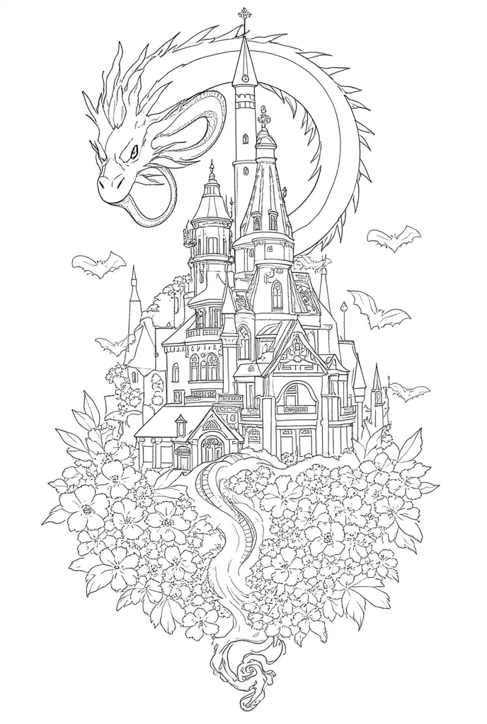 Black and white manga style drawing of an incredibly beautiful house in the style of Studio Ghibli, anime, Line art of a majestic dragon coiled around a castle tower