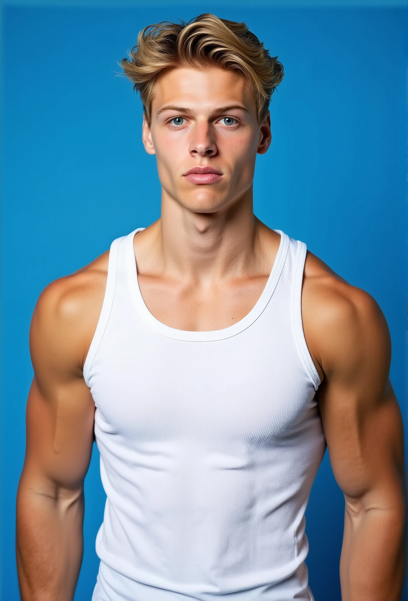 Sam Dezz. The image is a photograph of Sam Dezz standing against a solid blue background. He is in his early twenties. He has a fair complexion and short messy blonde hair. He is clean shaven. He has a strong, athletic build with well-defined muscles, particularly noticeable in his arms and chest. He is wearing a white, form-fitting tank top that highlights his physique. His facial expression is neutral.