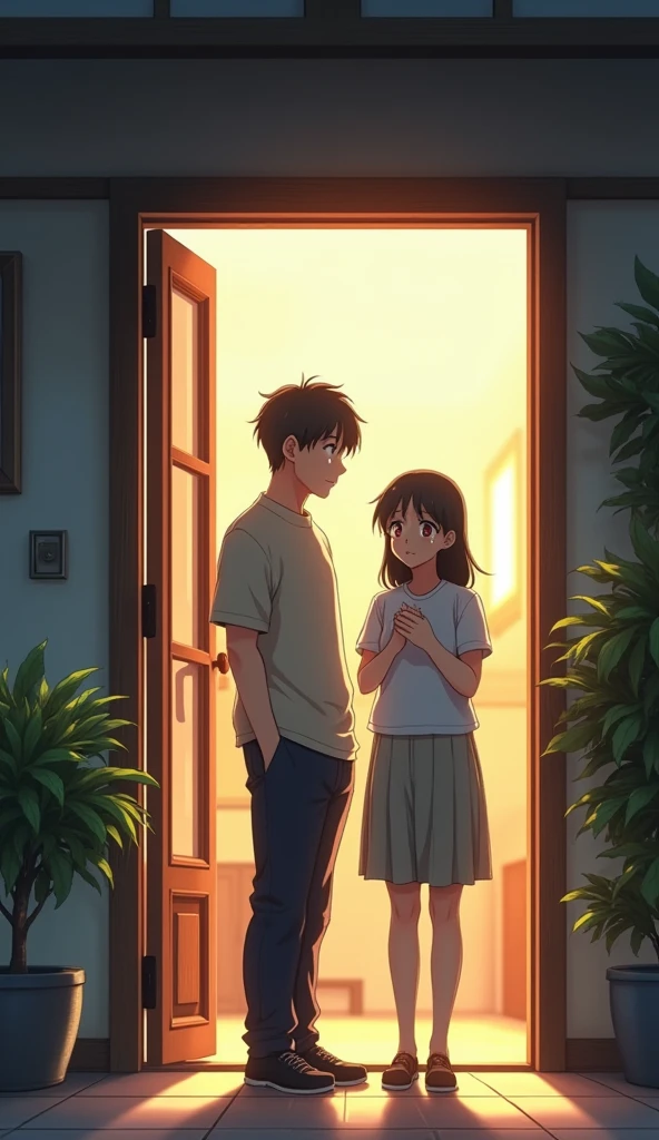 Two characthers in the frame with anime oshi no ko theme art. one character is male with flat face expression with coma hairstyle using white t-shirt and apron on it standing behind the counter. the male character looking at Beautiful female with long hair and japanese one piece coming from the front door. The tea shop with western traditional vibe with sunset time setting
