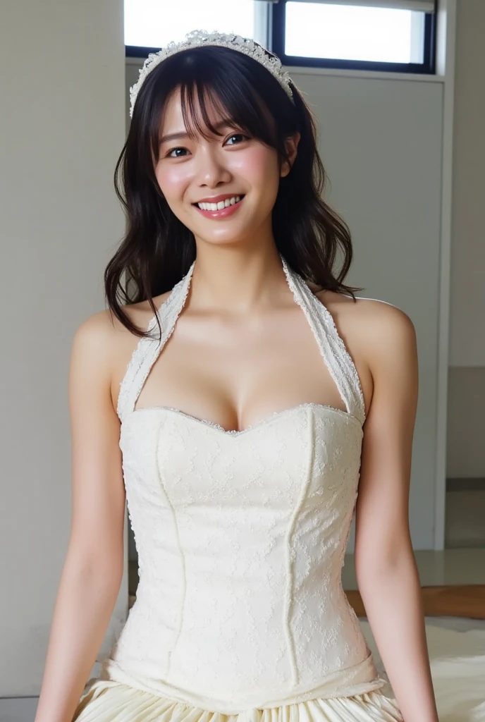 photo realistic, realistic, Masterpiece, Best Quality, Ultra High Resolution, extremely detailed, RAW photo an extremely delicate and beautiful,
Japanese woman, glamorous, sexy, cute,
(happy smile, joyful:1.3), (dimpled cheeks:1.9),

lace-trimmed white wedding dress, halter neck dress, white veil, white laced gloves, lace,
(gigantic breasts and hips, cleavage:2),


long black hair, forehead, middle part,
natural skin texture,