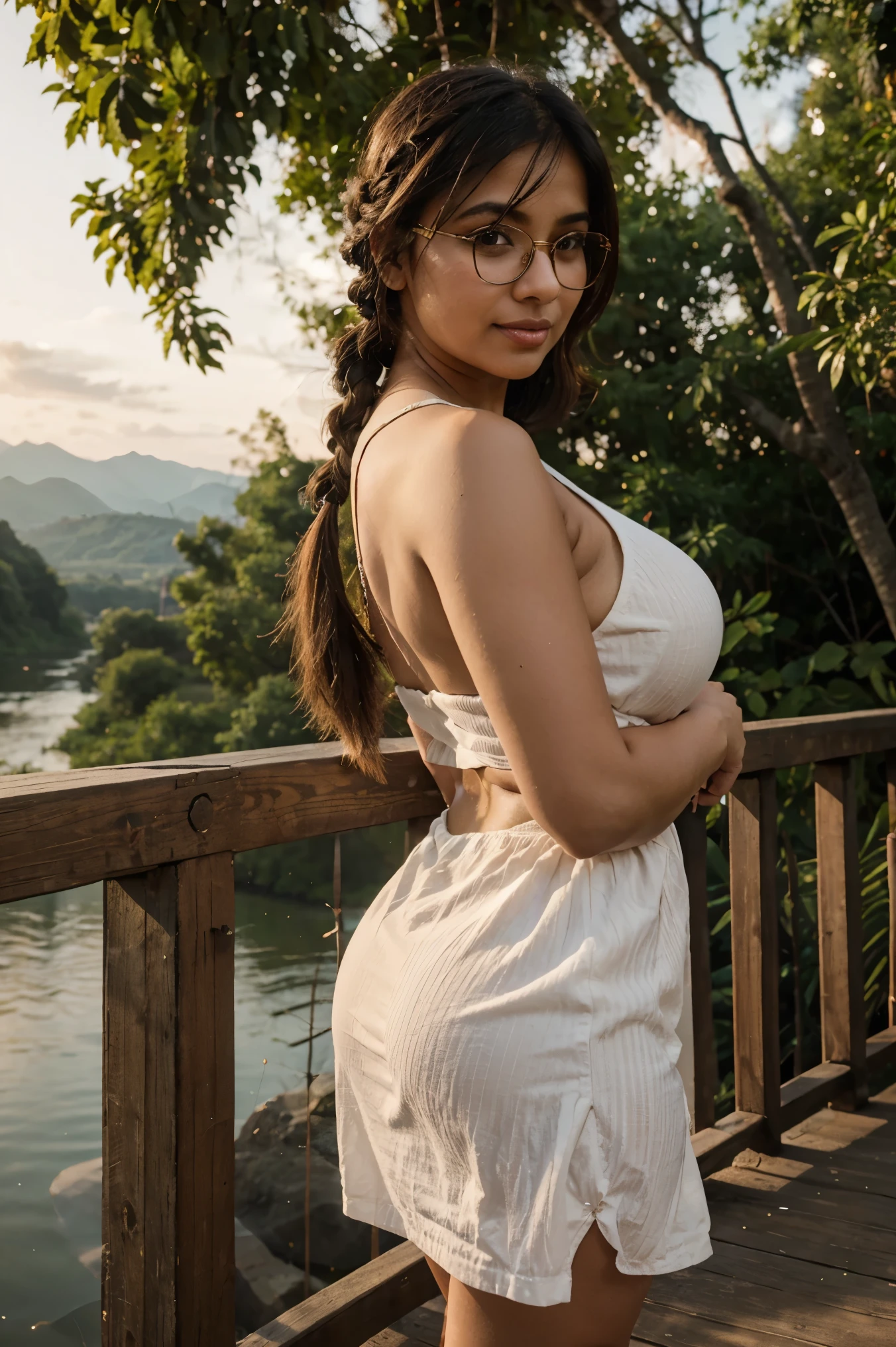 1 girl, blush, Closed mouth, earrings, parts, gradient, jewelry, wide, long sleeves, looking at the viewer, Alone, twin braids, Upper part of the body, Black frame glasses, seductive smile, wind, by the floating, wavy fur, light smile, from behind, Back,
Masterpiece, Best Quality, intricate details,sunset,
a wooden dock leading to a lake with a mountain in the Background at sunset or dawn with clouds in the sky, lake, a picture, neo-romanticismvvWhite skin
1 girl, blush, Closed mouth, earrings, parts, gradient, jewelry, wide, long sleeves, looking at the viewer, Alone, twin braids, Upper part of the body, Black frame glasses, seductive smile, wind, by the floating, wavy fur, light smile, from behind, Back,
Masterpiece, Best Quality, intricate details,sunset,
a wooden dock leading to a lake with a mountain in the Background at sunset or dawn with clouds in the sky, lake, a picture, neoromanticismWhite skinWhite skin