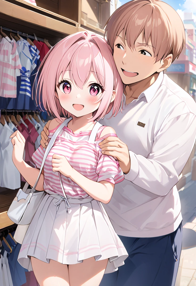  top quality、 anime painting、Round eyes 、 very young girl 、 very small breasts 、Long neck、Very thin body、Very slim legs、Glossy Light Pink Hair 、 、 short haired 、pink and white striped shirt 、 white miniskirt 、 I wear a white pouch over my shoulder、 apparel shop with clothes lined up、 1 middle-aged man、A man clings to a girl、excited man、Open your hands、smile、blush