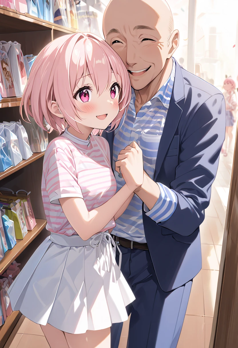  top quality、 anime painting、Round eyes 、 very young girl 、 very small breasts 、Long neck、Very thin body、Very slim legs、Glossy Light Pink Hair 、 、 short haired 、pink and white striped shirt 、 white miniskirt 、 I wear a white pouch over my shoulder、 apparel shop with clothes lined up、 1 middle-aged man、A man clings to a girl、excited man、Open your hands、smile、blush