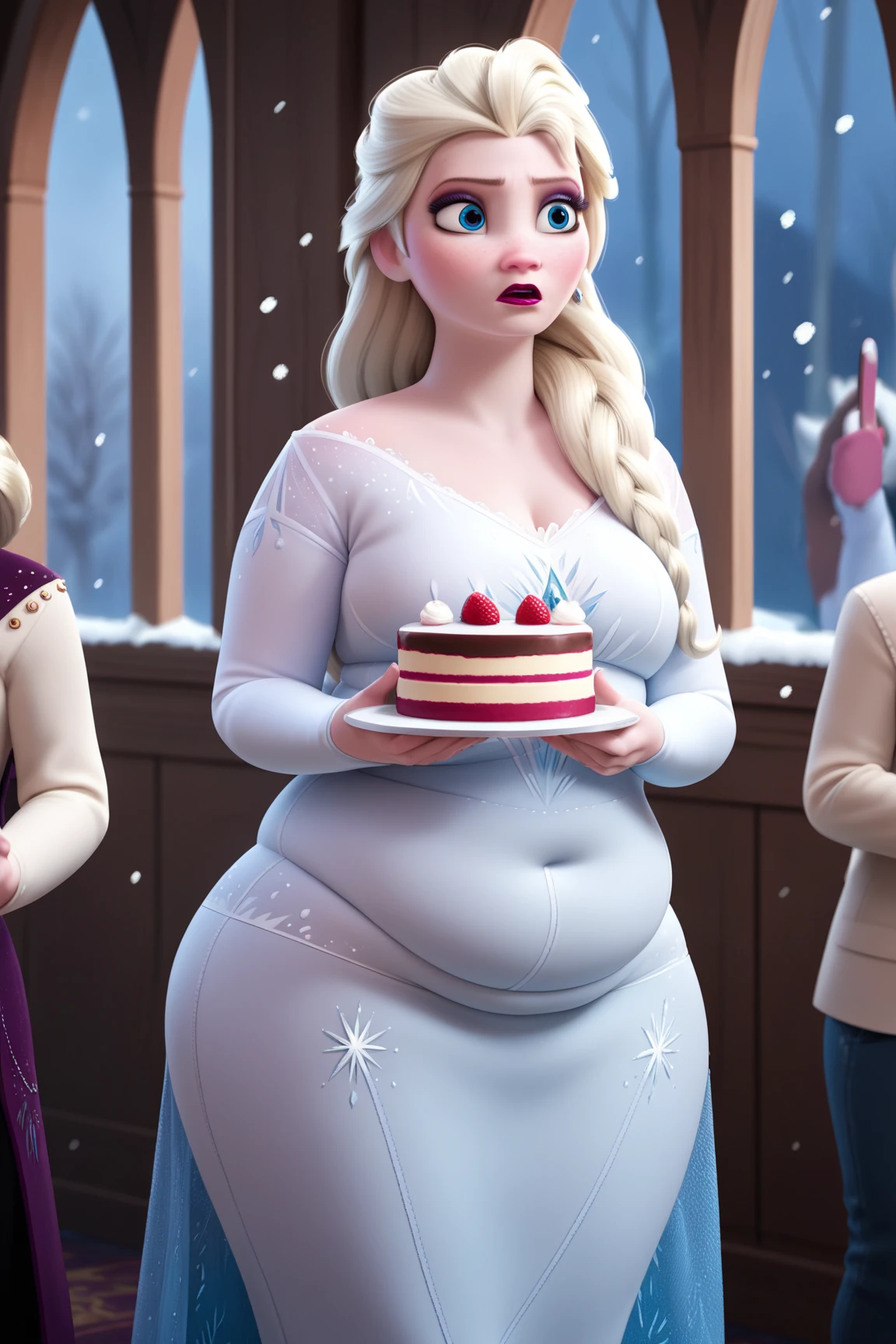 score_9, score_8_up, score_7_up, score_6_up, score_5_up, score_4_up, BREAK
1girl, Tall elsa \(frozen\), Tall Height, Prominent Neck,  gained some weight, plump belly, blonde hair, hair over shoulder, long hair, blue eyes, long nose,
makeup, white tight dress, confused, focused eyes, closed red lips,
Holding a cake, straight nose, snowing, Arendelle  background  