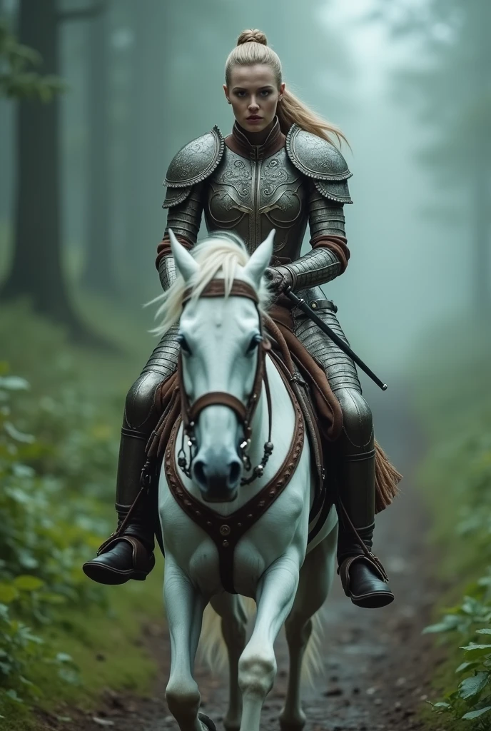 cinematic angle, a woman darts fast by riding a white horse , on the path surrounded by lush greenery , shrouded in a bit of fog , This woman is wearing elaborate dragonbone armor carefully designed, hair in a pigtail accompanied by a small braid on the sampin part , the horse also completed with similar ornament . dramatic, motion blur , UHD, 32k, details and clean, perfect anatomy,