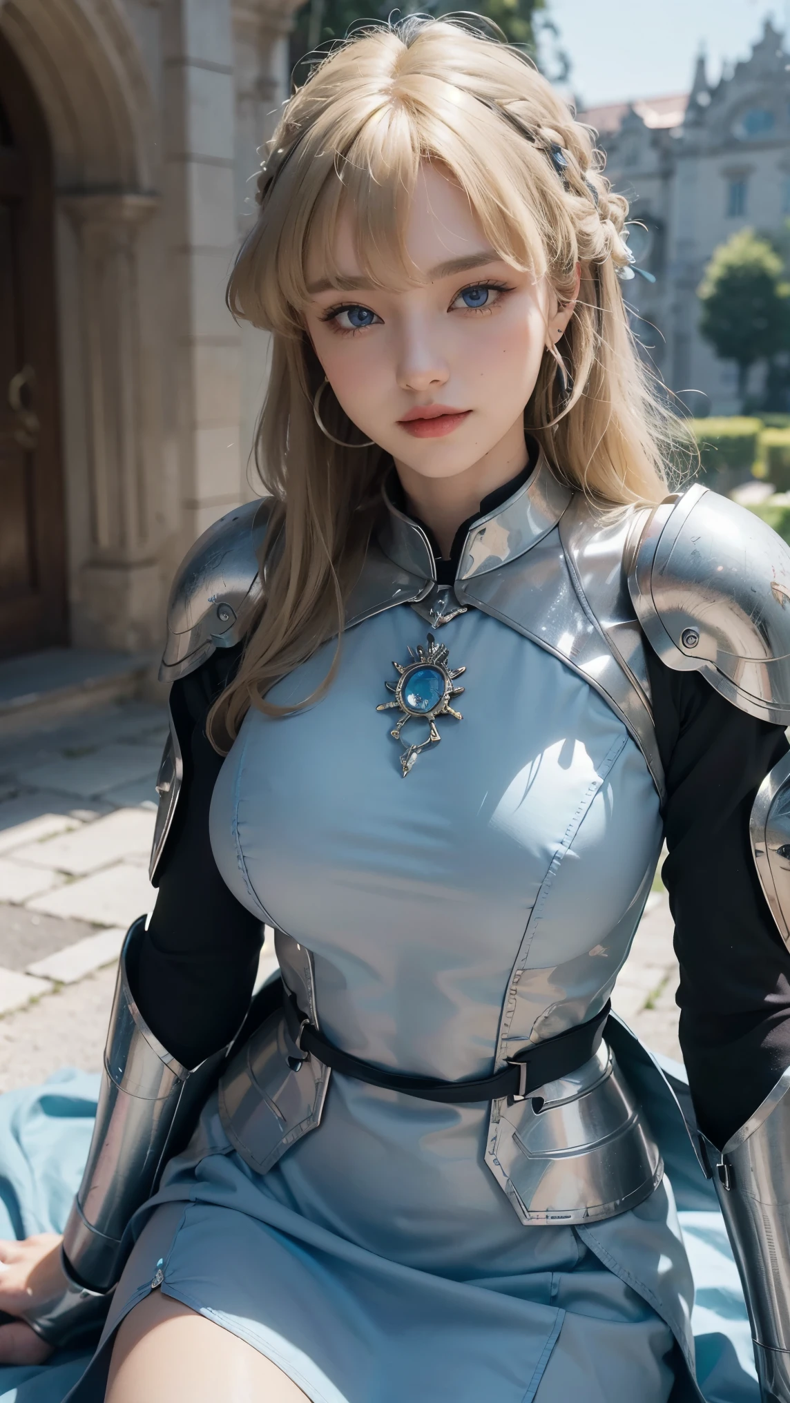 Asuma Toki,(best qualityer,4K,8k,high resolution,work of art:1.2)(weather: windy), Mondstadt castle background, castle garden, full knight armor, blue long sleeve knight top, tight micro shorts, knight chest armor, elbow long arm guards, long dress trail, rose embroidery, thigh high knight boots, necklace, loop earrings, cheek mole, short wavy hair, blonde hair, ultra detailed, realistic,portraite,beautiful detailed blue eyes, glowing eyes,blush,beautiful detailed lips,extremely detailed eye and face, long eyelashes,sexly,average, large breasts,beaming smile, flirty smile,powerful girl, elegant pose, stunning curves, bright coloured, dramatic lighting, petals flying,