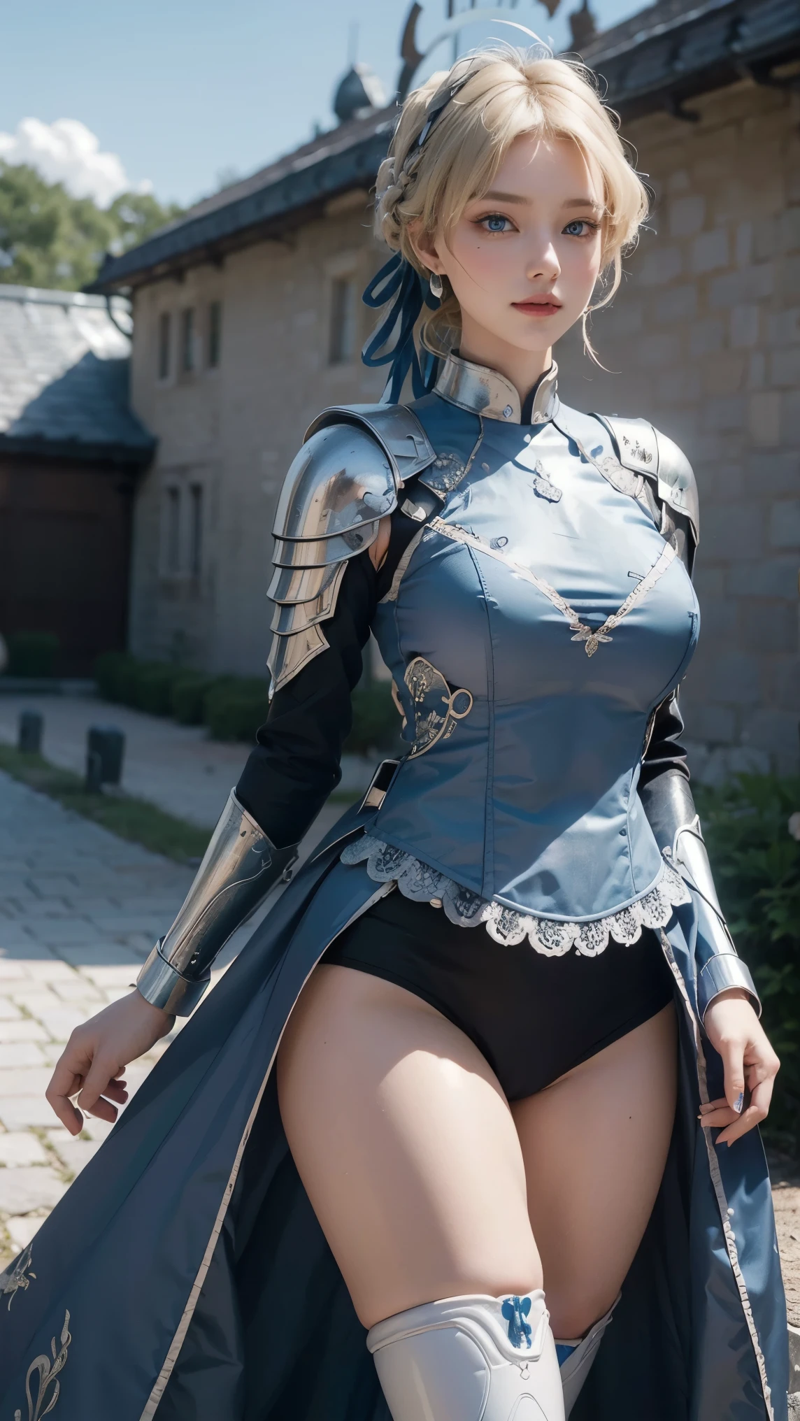 Asuma Toki,(best qualityer,4K,8k,high resolution,work of art:1.2)(weather: windy), Mondstadt castle background, castle garden, full knight armor, blue long sleeve knight top, tight micro shorts, knight chest armor, elbow long arm guards, long dress trail, rose embroidery, thigh high knight boots, necklace, loop earrings, cheek mole, short wavy hair, blonde hair, ultra detailed, realistic,portraite,beautiful detailed blue eyes, glowing eyes,blush,beautiful detailed lips,extremely detailed eye and face, long eyelashes,sexly,average, large breasts,beaming smile, flirty smile,powerful girl, elegant pose, stunning curves, bright coloured, dramatic lighting, petals flying,