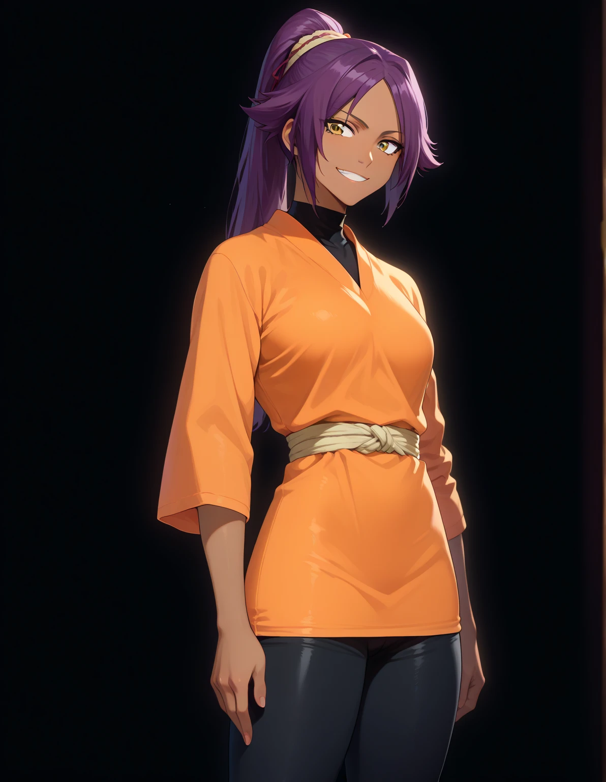  simple black background ,
y0ruichi_shihouin,  dark skin, purple hair, yellow eyes,  ponytail,  long hair,
orange tunic, tight black pants,
standing,  tilted forward, 
smile,  with your mouth shut,  looking at the viewer