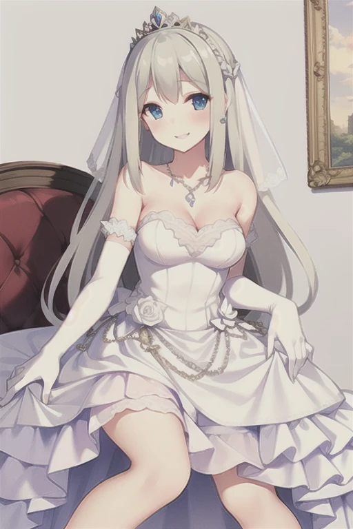 lexington \(warship girls r\),(((Best quality))),((Ultra-detailed)),((illustration)),((frilld)),(1 girl),(Solo),
1girl,sitting on a throne,crossed legs,evil smile,evil grin,frilled dress,bow,white pantyhose,toes,indoors,looking at viewer,view from below,feet focus,[refraction|caustics|rim lights|backlighting|bloom],full shot,rating:safe,long hair,wedding,bare_shoulders,breasts,bridal_gauntlets,bridal_veil,cleavage,clothing,crown,dress,drop_earrings,earrings,elbow_gloves,female,female_only,gloves,headdress,headwear,jewelry,layered_dress,looking_at_viewer,necklace,skirt_hold,smile,sitting,strapless,strapless_dress,tiara,veil,white_dress,white_footwear,white_gloves,wedding_dress,long_dress,clapping,long hair,blue eyes,flaxen hair,