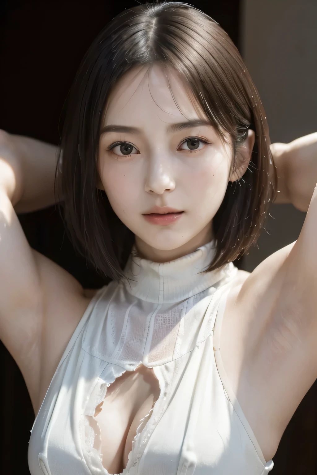 ((masterpiece, 8k wallpaper, highly realistic photograph, highly detailed skin, highly detailed face, best quality)), (a skinny Japanese woman is wearing a tight fit high neck cutsaw), 40 years old, short bob hair style, ( nipple protrusion ), (no sleeve), beautiful armpits, blurred background, 