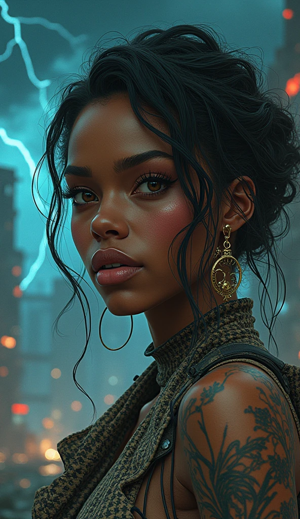 by royo, hyperdetailed, hyperrealistic, vivid portrait of an African woman, in a neon lit African  outfit with vibrant colors, exaggerated shoulder pads, and bold accessories. Striking a powerful pose with an intense gaze, surrounded by a halo of smoke in tones that enhance her expression. Standing in a QR CODE museum lit by red and blue lights, with the smoke mimicking waves, matching the colors of her outfit. Perfect composition, exquisite attention to small details, realistic reflections, UHD, 32k, ultra-detailed texture, volumetric light, cinematic effects, masterpiece, trending on ArtStation, Octane 3D rendering --auto --s2