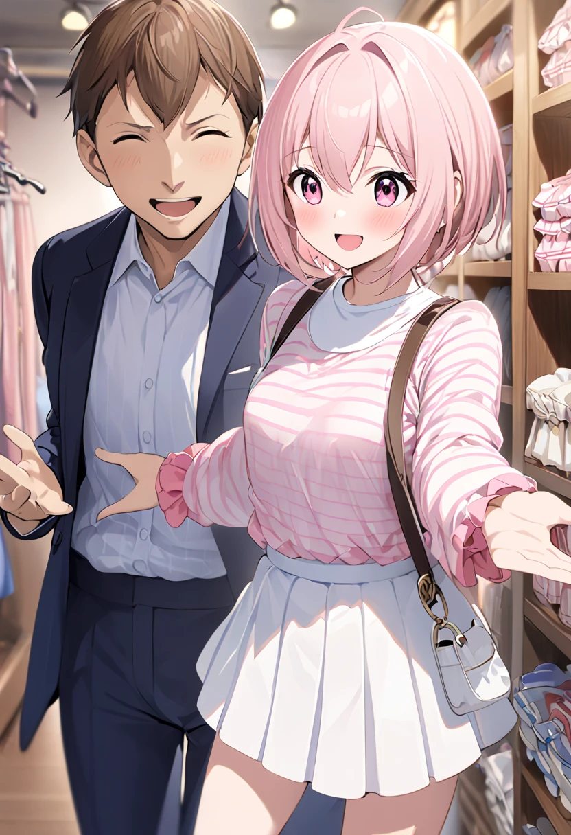  top quality、 anime painting、Round eyes 、 very young girl 、 very small breasts 、Long neck、Very thin body、Very slim legs、Glossy Light Pink Hair 、 、 short haired 、pink and white striped shirt 、 white miniskirt 、 I wear a white pouch over my shoulder、 apparel shop with clothes lined up、 1 middle-aged man、A man clings to a girl、excited man、Open your hands、smile、blush