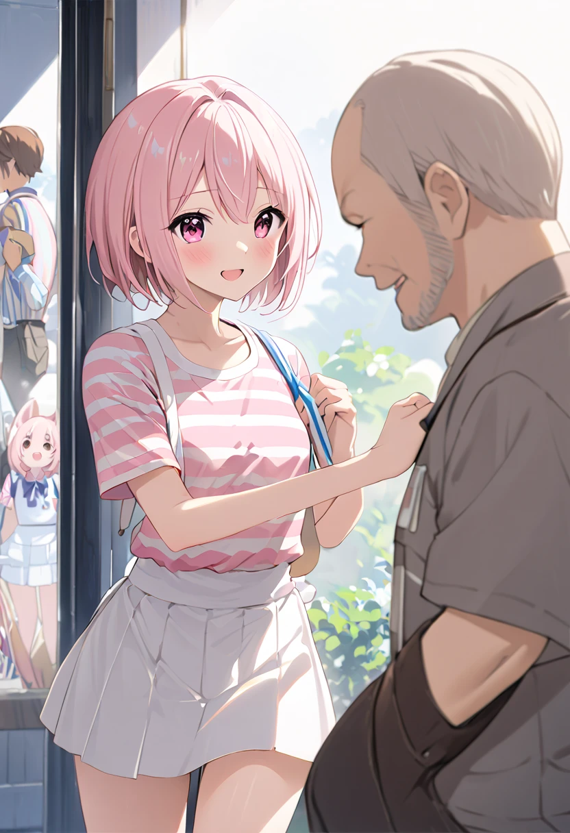  top quality、 anime painting、Round eyes 、 very young girl 、 very small breasts 、Long neck、Very thin body、Very slim legs、Glossy Light Pink Hair 、 、 short haired 、pink and white striped shirt 、 white miniskirt 、 I wear a white pouch over my shoulder、 apparel shop with clothes lined up、 1 middle-aged man、A man clings to a girl、excited man、Open your hands、smile、blush