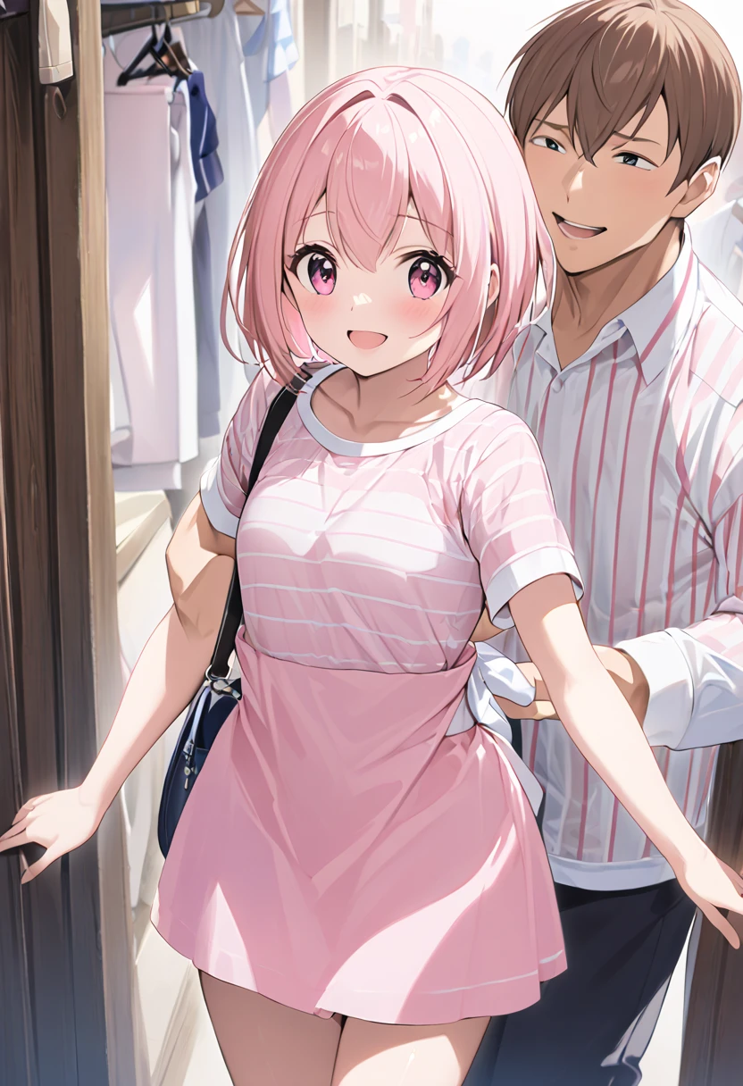  top quality、 anime painting、Round eyes 、 very young girl 、 very small breasts 、Long neck、Very thin body、Very slim legs、Glossy Light Pink Hair 、 、 short haired 、pink and white striped shirt 、 white miniskirt 、 I wear a white pouch over my shoulder、 apparel shop with clothes lined up、 1 middle-aged man、A man clings to a girl、excited man、Open your hands、smile、blush