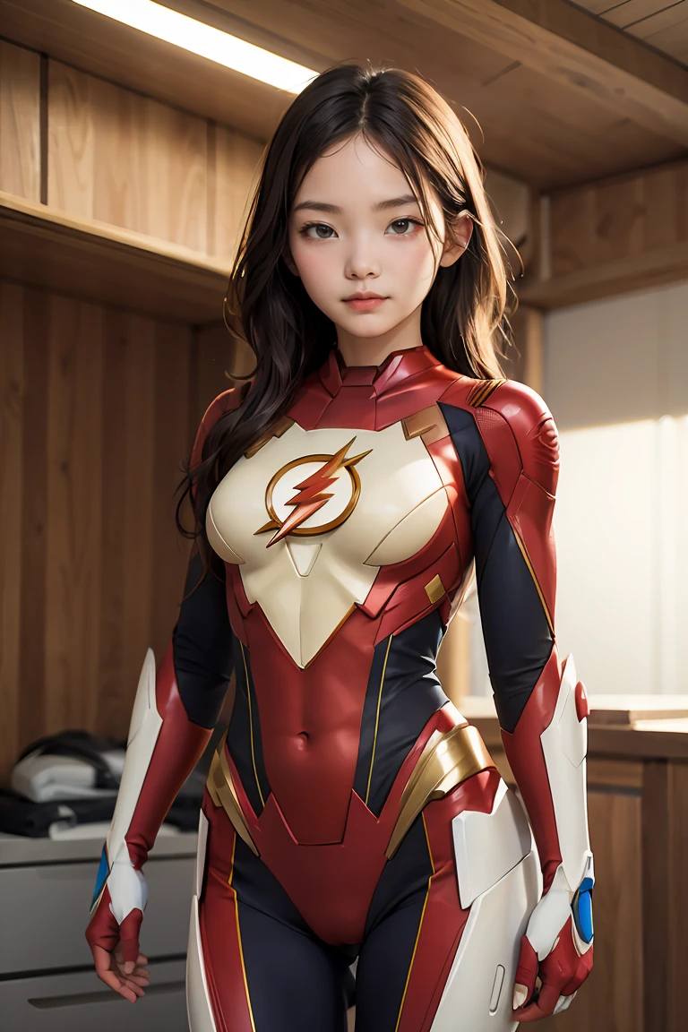 ((highest quality)), ((masterpiece)), (get used to it), perfect face、Flash Cosplay、Body-hugging flash suit、Beautiful 28 year old Japan woman、Bust isdcup、Towards the light of the distant horizon、Generates lightning from both hands、She ran so fast、leave an afterimage