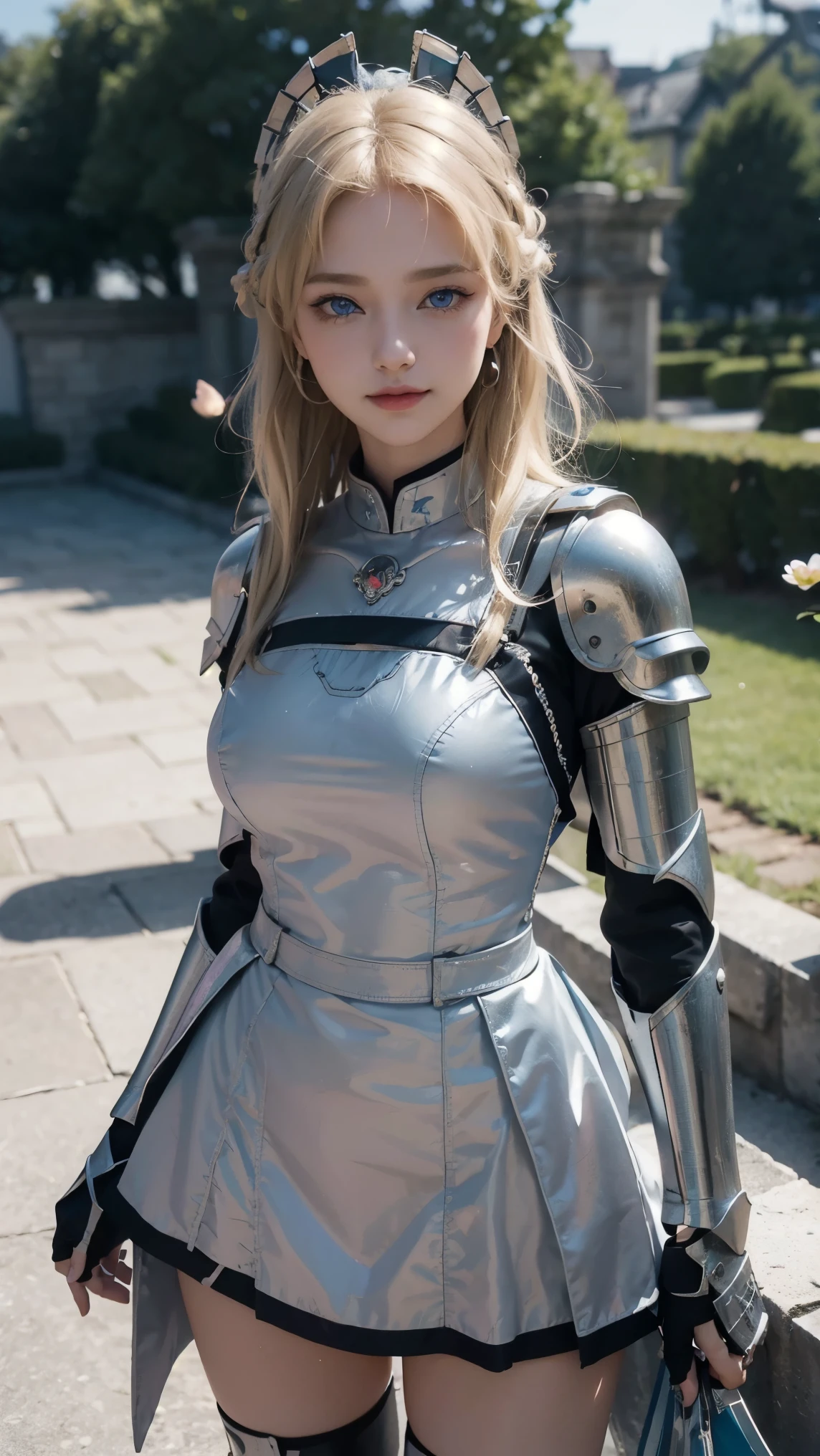 Asuma Toki,(best qualityer,4K,8k,high resolution,work of art:1.2)(weather: windy), Mondstadt castle background, rose garden, full knight armor, blue long sleeve knight top, tight mini skirt, knight chest armor, elbow long arm guards, long dress trail, rose embroidery, thigh high knight boots, necklace, loop earrings, cheek mole, short wavy hair, blonde hair, ultra detailed, realistic,portraite,beautiful detailed blue eyes, glowing eyes,blush,beautiful detailed lips,extremely detailed eye and face, long eyelashes,sexly,average, large breasts,beaming smile, flirty smile,powerful girl, elegant pose, stunning curves, bright coloured, dramatic lighting, petals flying,