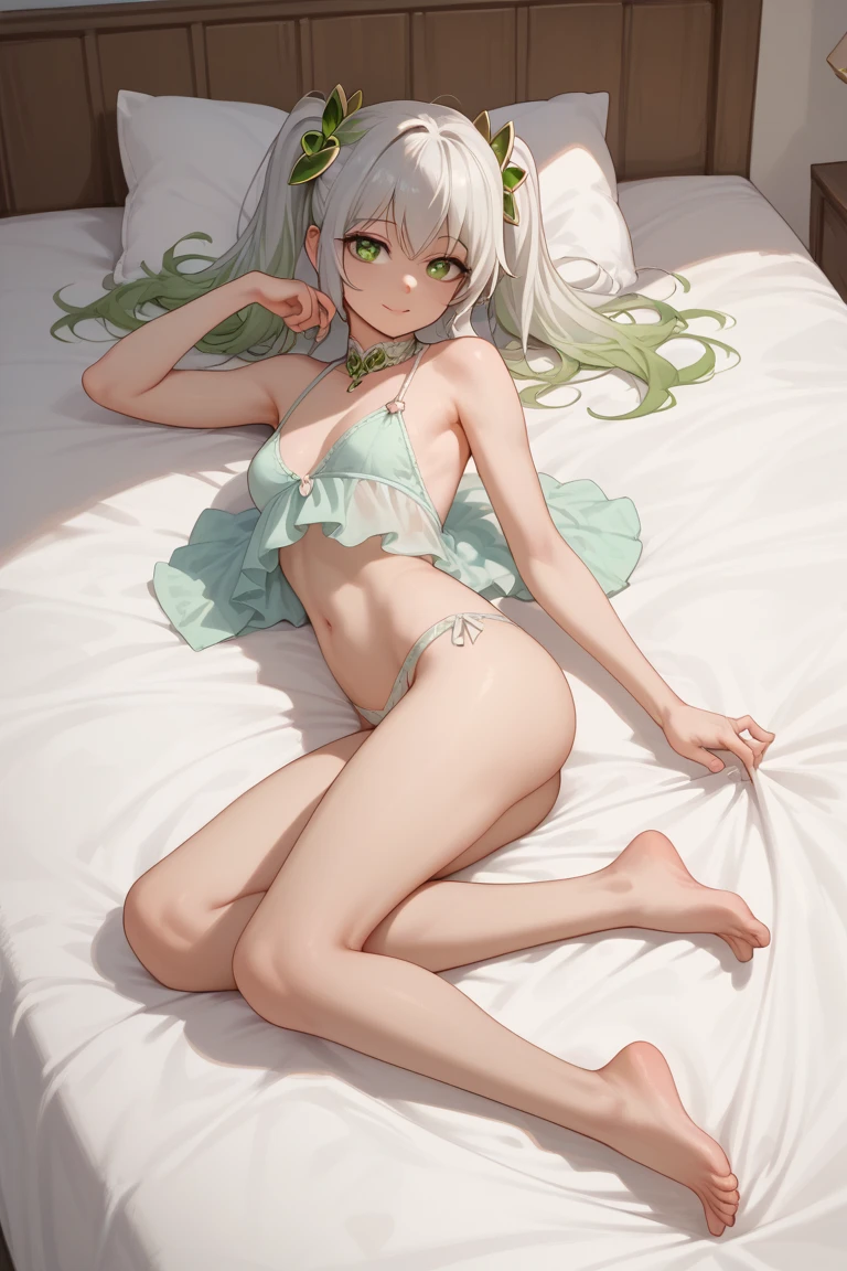 (Best Quality,High resolution,8k,finelity detailed background,Masterpiece:1.2),beautiful girl,Shiny green hair,messy hair,Green Eyes,Gentle look,A refreshing look,Best quality,Best Quality,Aesthetic and aesthetic:1.2,Best details((Super detailed))(High-definition CG illustrations),White underwear (white,intricate lace),Slender body,Late Night,Moonlit Night,Bedroom,On the bed,smile,blush,cute,Scrounge,Looking up,Being spoiled,super model,on back,shoot from above