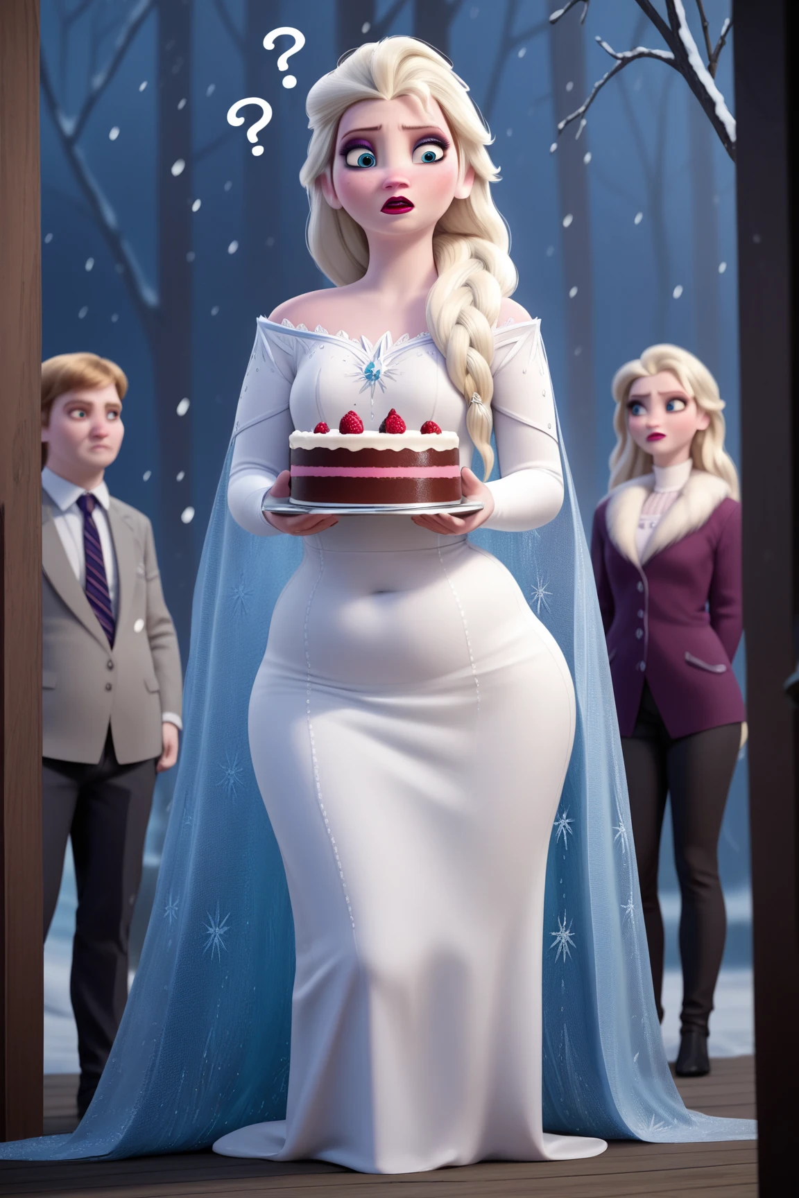 score_9, score_8_up, score_7_up, score_6_up, score_5_up, score_4_up, BREAK
1girl, Tall elsa \(frozen\), Tall Height, Prominent Neck,  gained some weight, plump belly, blonde hair, hair over shoulder, long hair, blue eyes, long nose,
makeup, white tight dress, confused, red lips,
Holding a cake, straight nose, snowing, Arendelle  background  