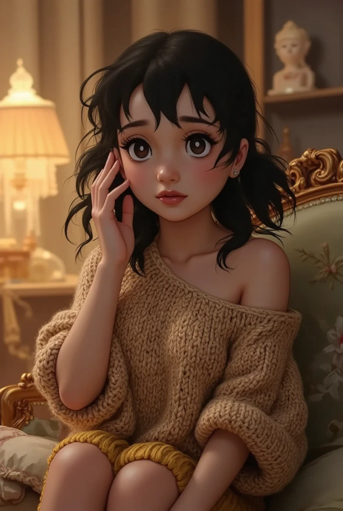 A woman with wavy dark brown hair, wearing an off-shoulder oversized brown knit sweater. She gazes softly toward the camera, slightly tilting her head, with her right hand gently brushing her hair. The lighting is warm, creating a cozy atmosphere.