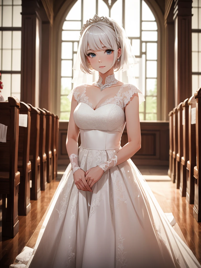 1woman, as a bride, wearing a beautiful wedding frock, at a wedding ceremony, white short hair,  , 8k, high detailed, high quality, high accuracy